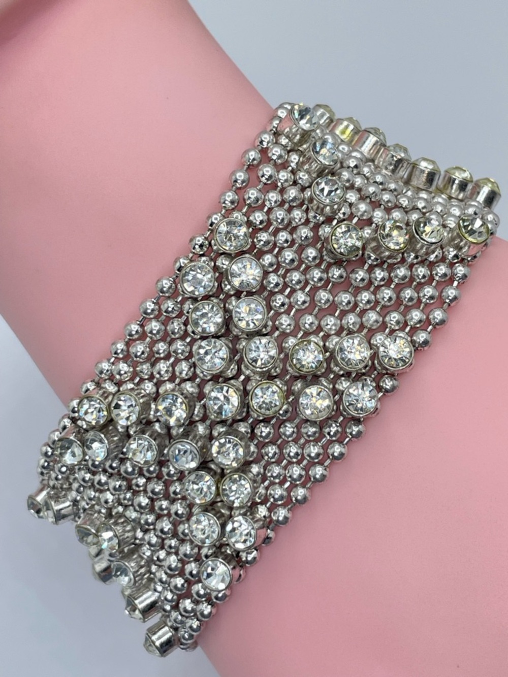 Chunky Silver White Crystal Ball Chain Mesh Bracelet Wide Statement Cuff Bold